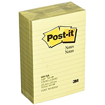 Post-it Notes, 4 in x 6 in, Canary Yellow, Lined, 5 Pads/Pack, 100 Sheets/Pad (660-5PK)